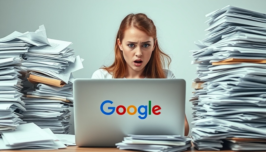 SEO impact of adding new topics: Stressed woman at Google laptop surrounded by papers.