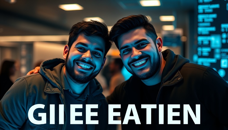 Two men smiling with 'CHATGPT IMAGE UPGRADE' text, digital theme.