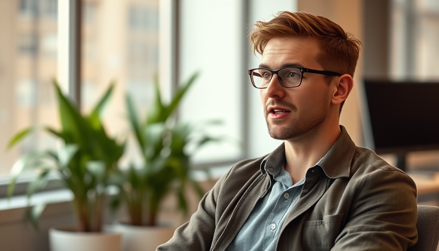 Confident man discussing business success in an office setting.