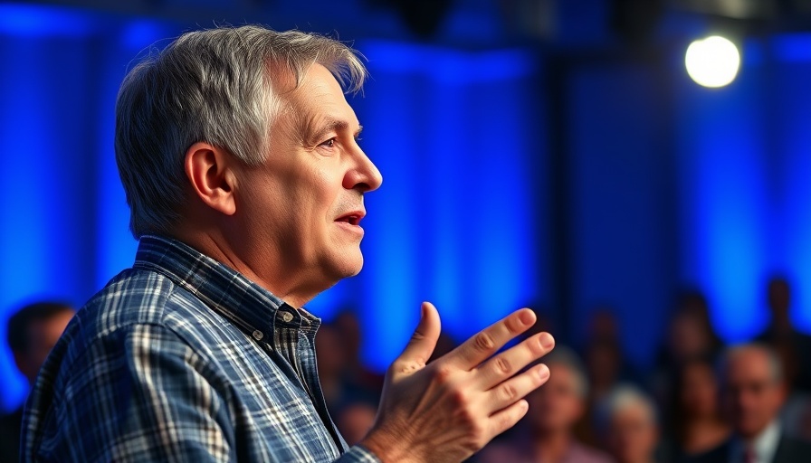 Middle-aged man discusses AI future on stage, blue backdrop.