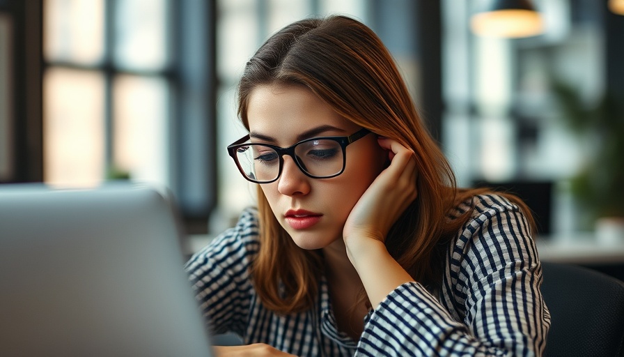 Young woman focused on laptop applying E-E-A-T in office, soft lighting.