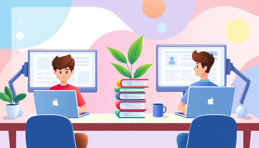 Stylized digital workspace for Elementor Editor WordPress Guide featuring two individuals and large screens.