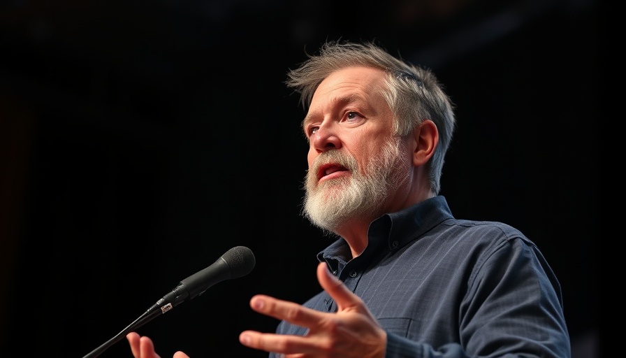 Middle-aged man discusses future of work and robotics on stage.