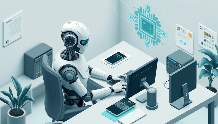 AI in the Workplace: Robot using laptop in modern office setup, AI chip background.