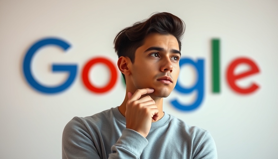 Thoughtful man in front of Google logo pondering Disavow Tool SEO Maintenance.