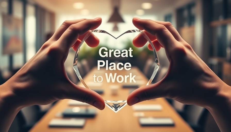 Heart-shaped hands with 'Great Place to Work' plaque, office background
