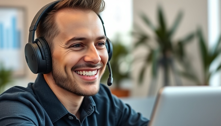 Person smiling with headphones in a virtual discussion.