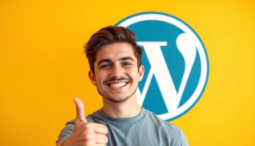 Smiling man giving thumbs up in front of WordPress logo.