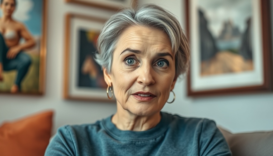 Middle-aged woman discussing trust indoors with framed art.