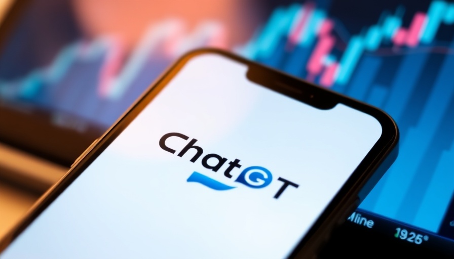 Smartphone displaying ChatGPT logo, financial graph in background.