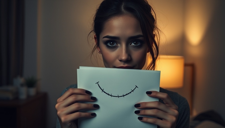 Distressed woman holding a paper smile, emotional concealment, Abuse in the Parsonage theme.
