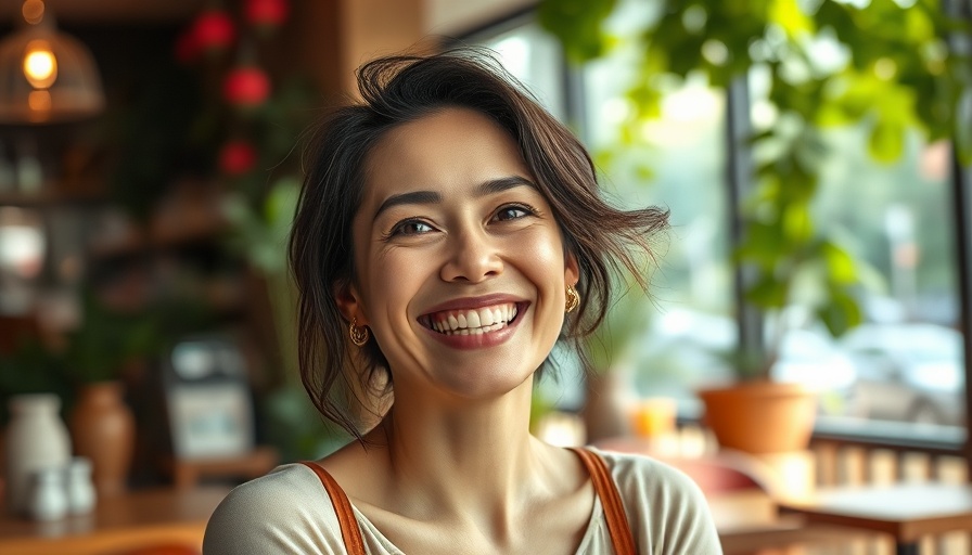 Cheerful woman smiling inside a vibrant cafe.