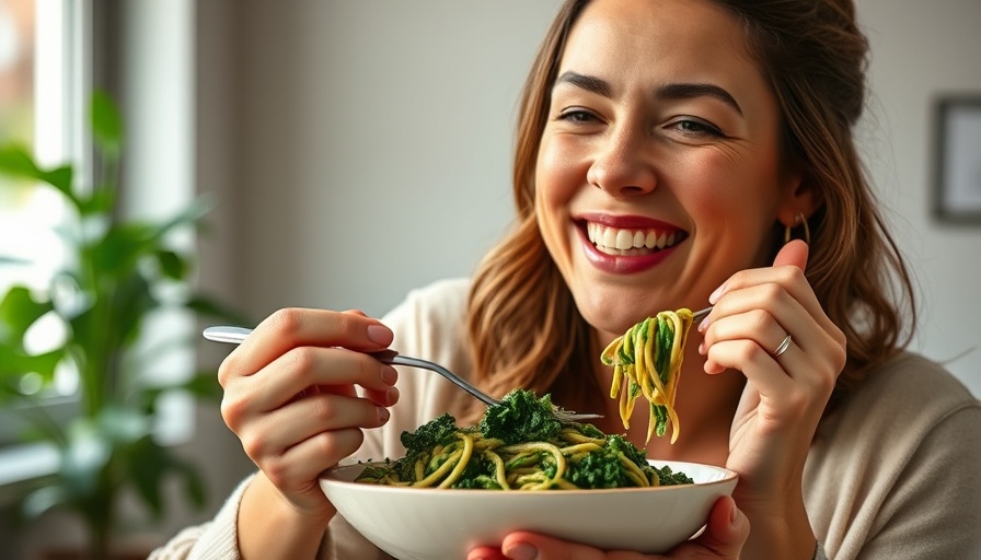 Green kale pasta benefit: Woman enjoying nutritious meal.