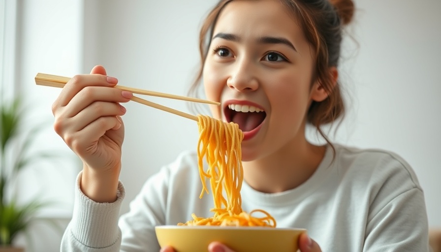 Young woman eating grab-and-go noodles for a healthy lunch.