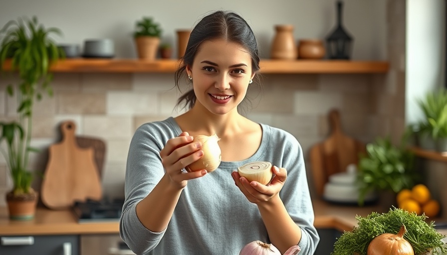 Woman explaining how to chop an onion in a kitchen.