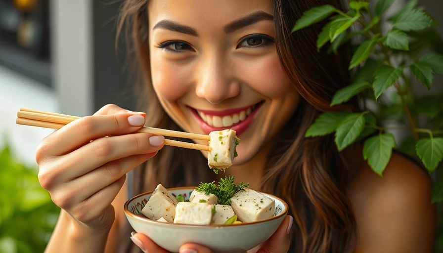 Woman making tofu irresistible with chopsticks in a fresh setting.