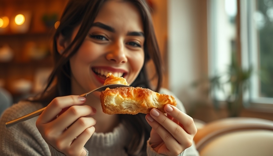 Woman enjoying flaky pastry, promoting healthy lifestyle.
