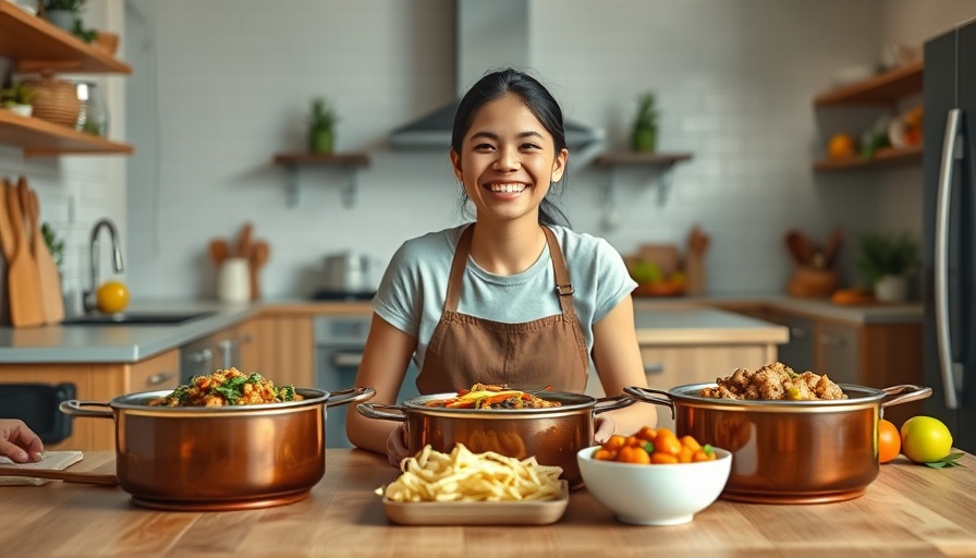 Young woman with diverse one-pot meals on a kitchen table, One-Pot Weeknight Meals.