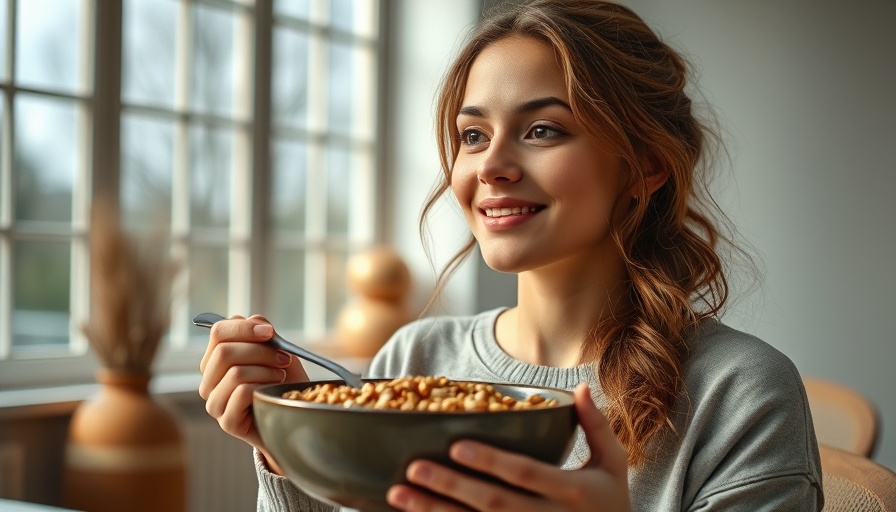Woman enjoying wholegrain breakfast to reduce heart disease risk in a cozy setting.