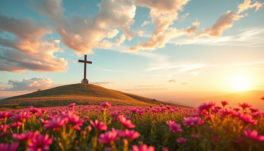 Understanding Salvation Through Jesus: Cross over wildflowers at sunrise.