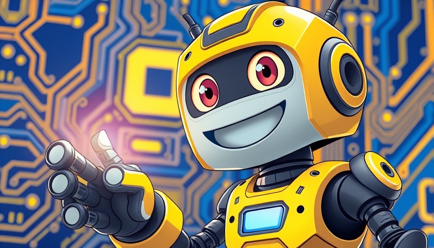 Cartoon robot with circuit board background, Living Temples theme.