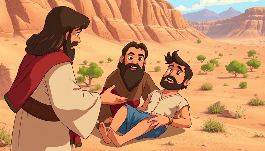 Superbook The Good Samaritan animated scene with biblical character aiding an injured man.