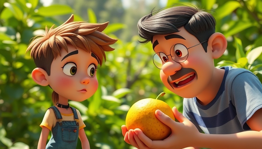 Superbook animation characters examining fruit in garden.