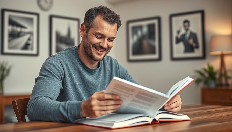Casual man reading and smiling at desk, modern home setting.