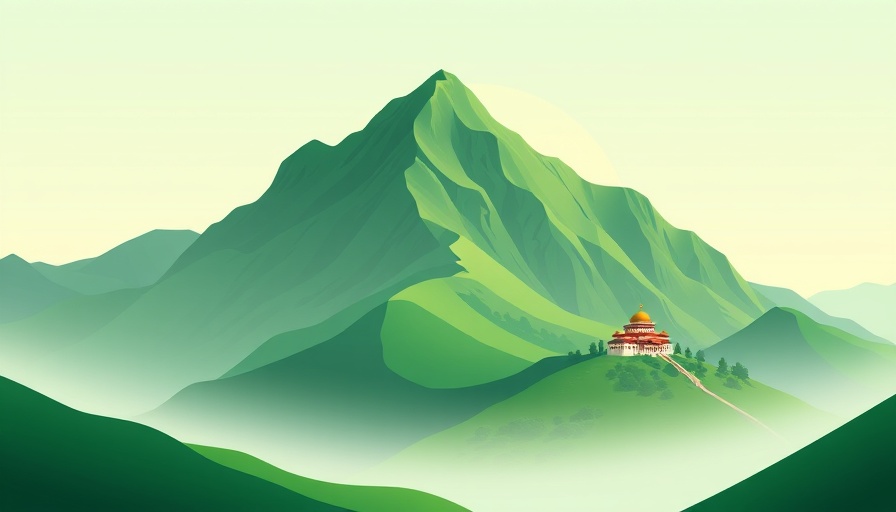 Minimalist mountain with temple, serene landscape