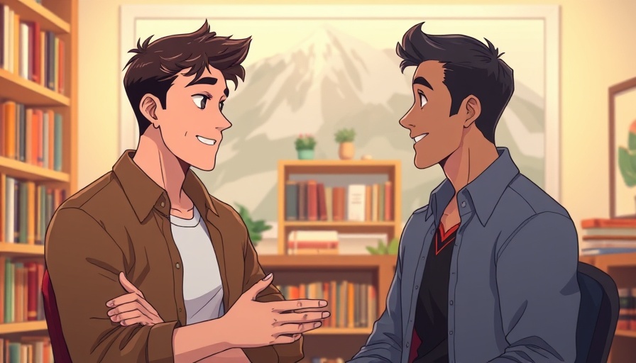 Animated scene with two men discussing against mountain-themed frame.