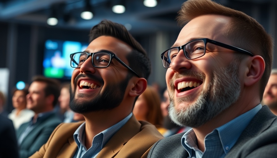 Photorealistic close-up of two smiling men at a tech conference.
