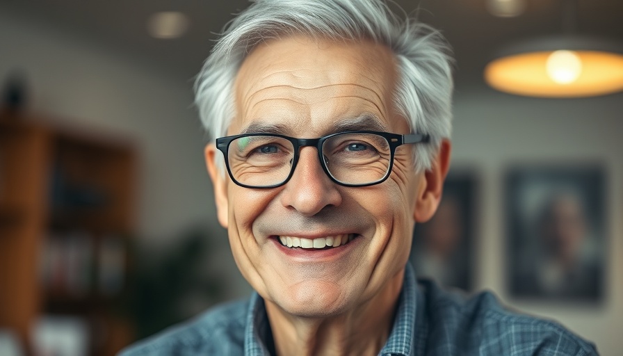 Editorial portrait of elderly man smiling indoors.