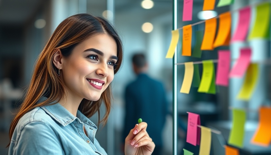 Focused young woman planning with sticky notes in office, Content Plan Template 2025.
