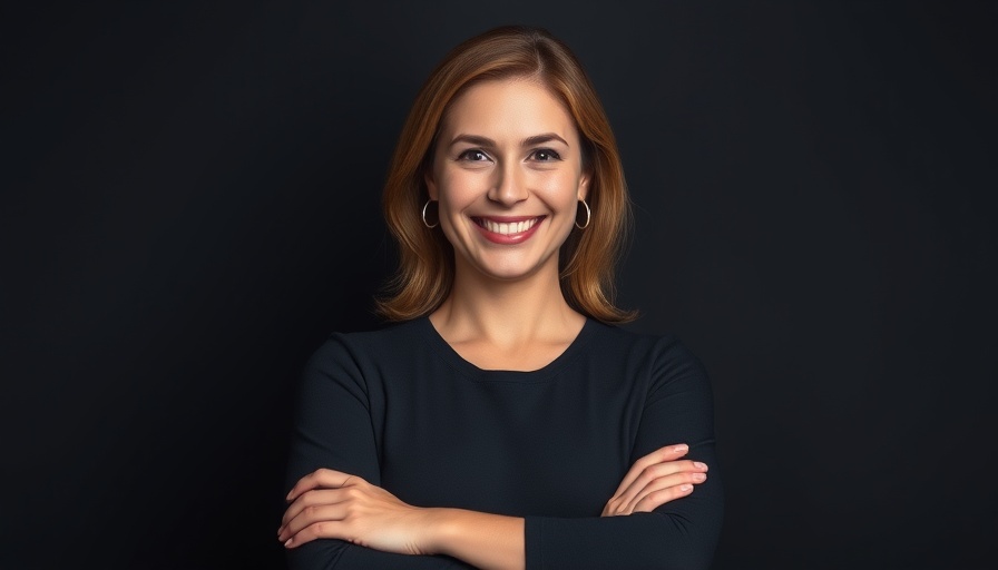 Confident woman in professional portrait, smiling arms crossed.