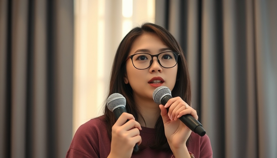 Young woman speaking into microphone with gray curtain backdrop.