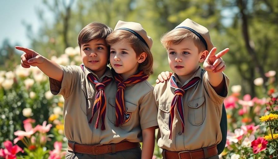 Young scouts observing outdoors in vintage uniforms, General Conference Session of 2025 context.