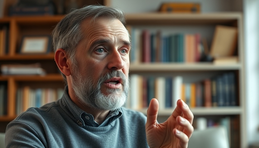AI adoption trends discussion by mid-aged man in a well-lit room.