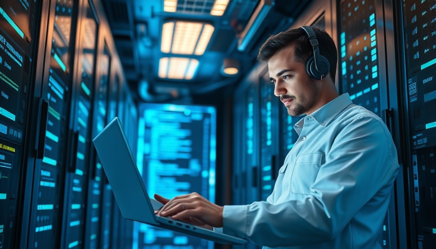 Data engineer in a futuristic server room with neon lights.