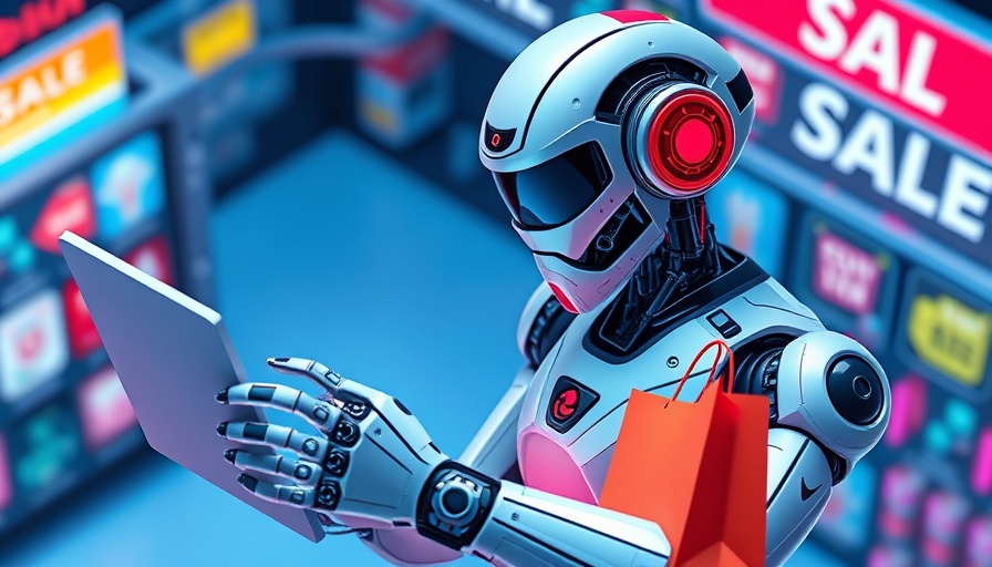 Futuristic isometric robot shopping online, marketing to machines concept.