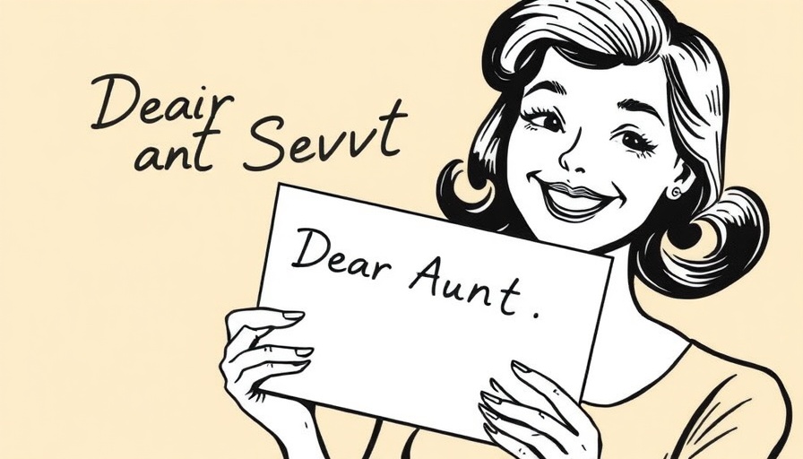 Vintage illustration with woman holding letter and 'Dear Aunt Sevvy' text.