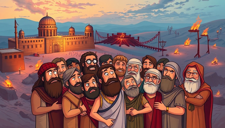 Ancient Israelites cartoon with symbolic history elements.