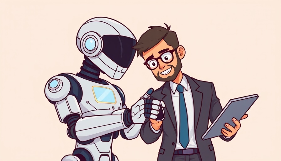 Futuristic robot and businessman using tools for AI search citations in 2D cartoon style.