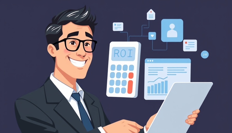 ROI for AI & SEO Content Marketing: Illustration of businessman with ROI calculator and content.