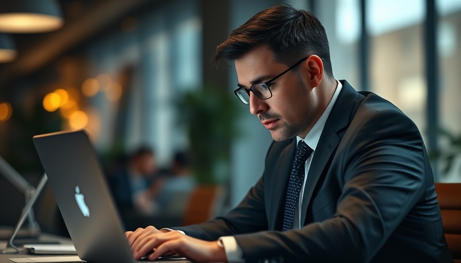 Businessman focused on laptop in modern office with bokeh lights.