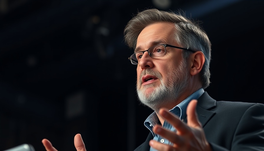 Middle-aged man discussing why companies fail on a stage.