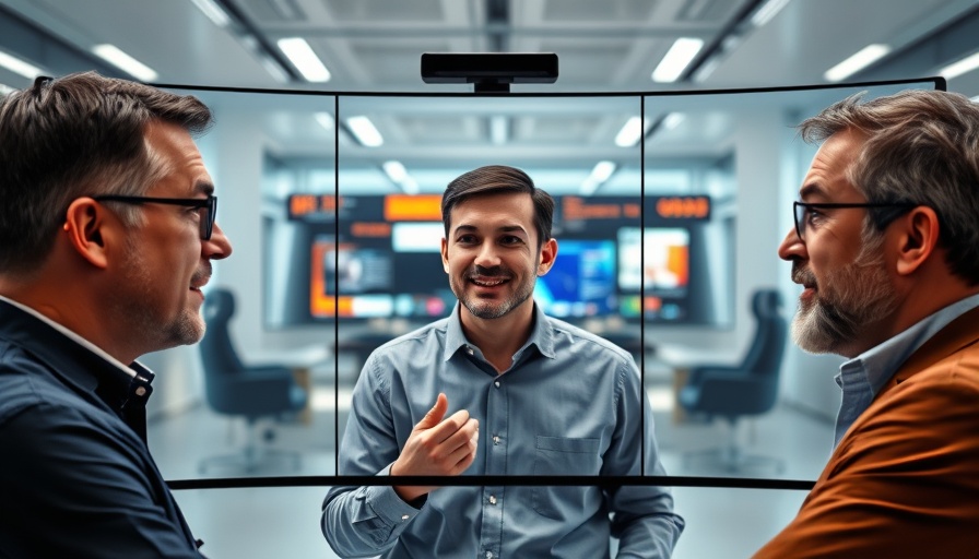 Virtual AI discussion with three men, digital human AI focus