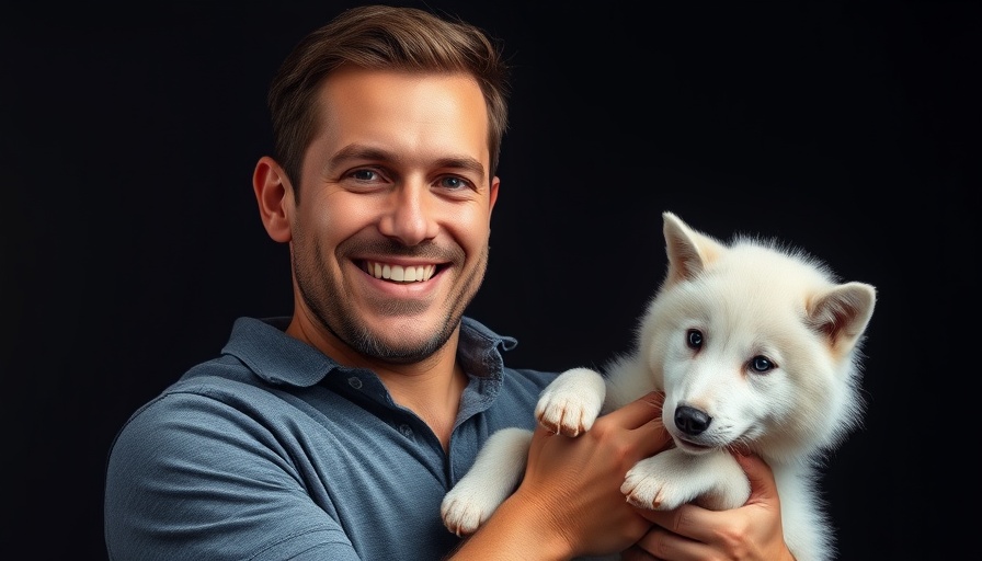 Man with white wolf pup, Bring Back the Dire Wolf concept.