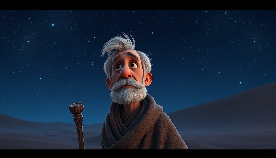 Animated scene of a man reflecting under a starry sky in a desert.