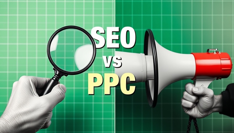 SEO vs PPC strategies comparison with magnifying glass and megaphone.