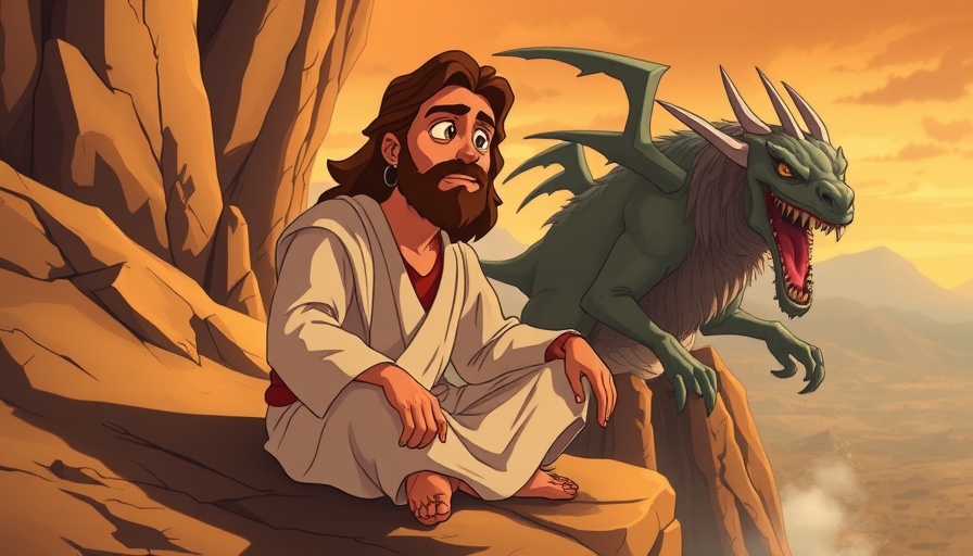 Animated Jesus resists temptation on rocky cliff